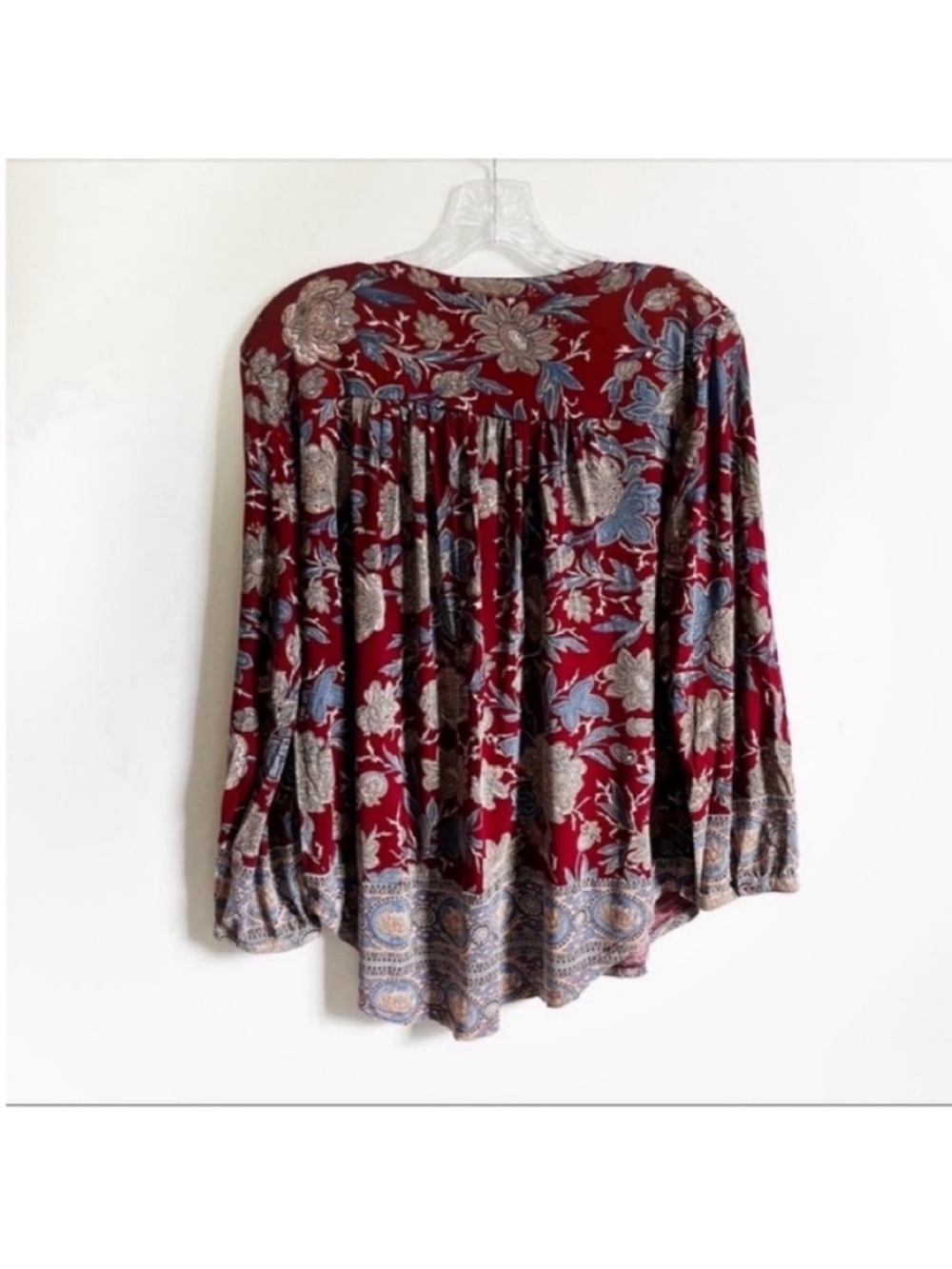 Lucky Brand henley shirt burgundy red floral blue paisley boho split neck - Picture 9 of 9